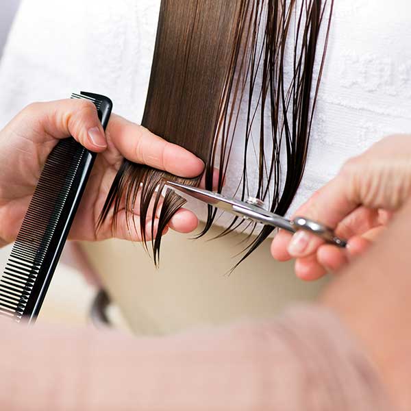 A close-up view of a beautician trimming the ends of long brown hair held between her fingers